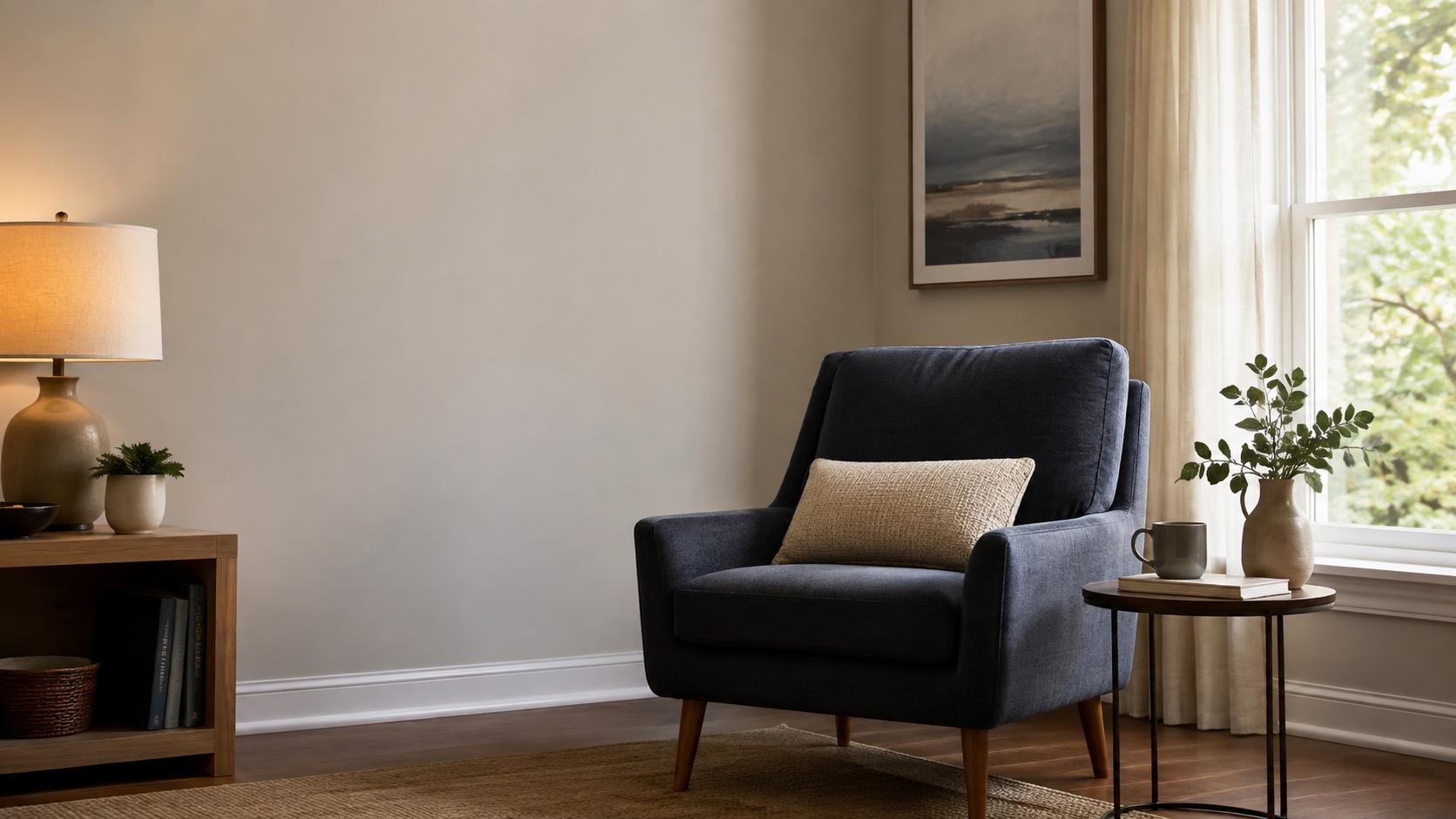 A calm, softly lit therapy room with a navy armchair